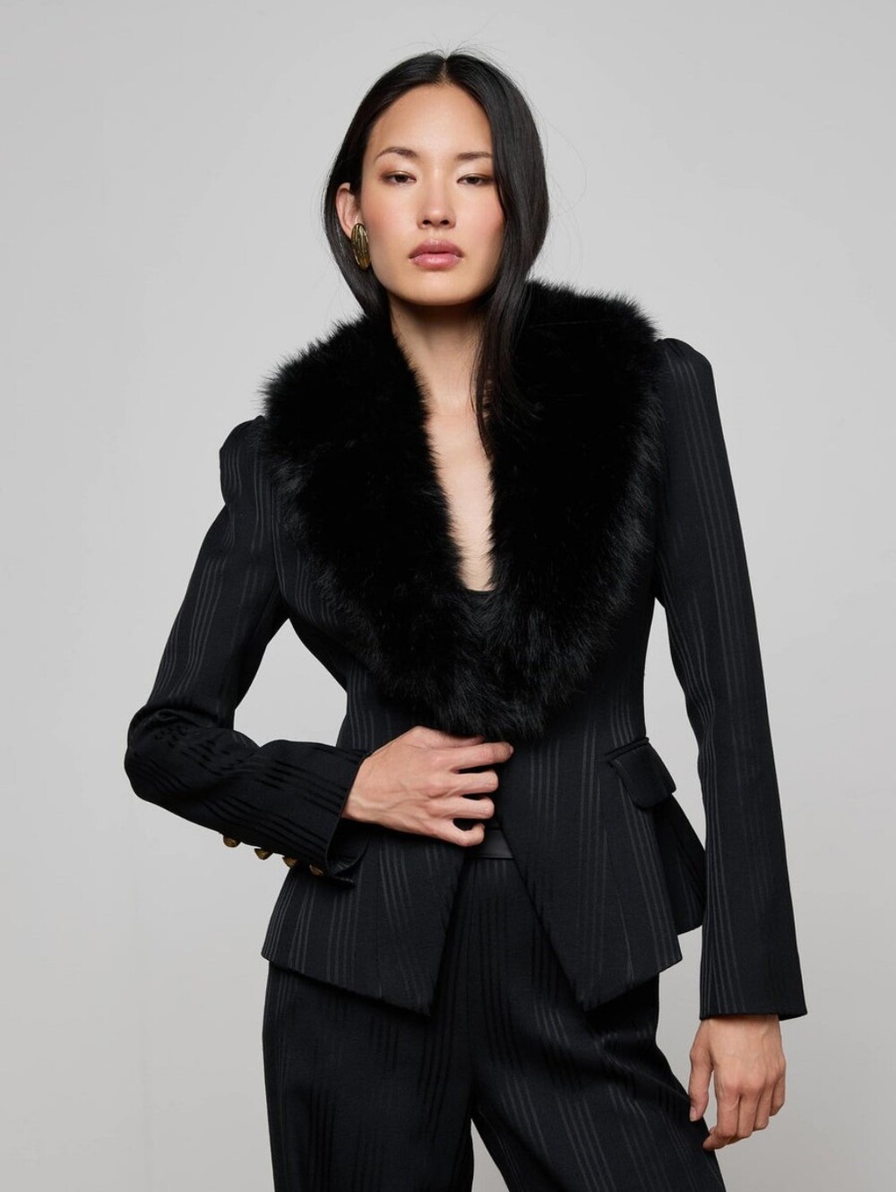L'Agence Kaisley Faux Fur Collar Blazer Black Shadow Stripe